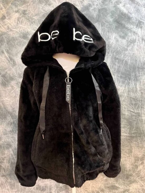 bebe Jackets & Blazers - Bebe Black Faux Fur Full Zip Hoodie Jacket with Embroidered Logo - Medium